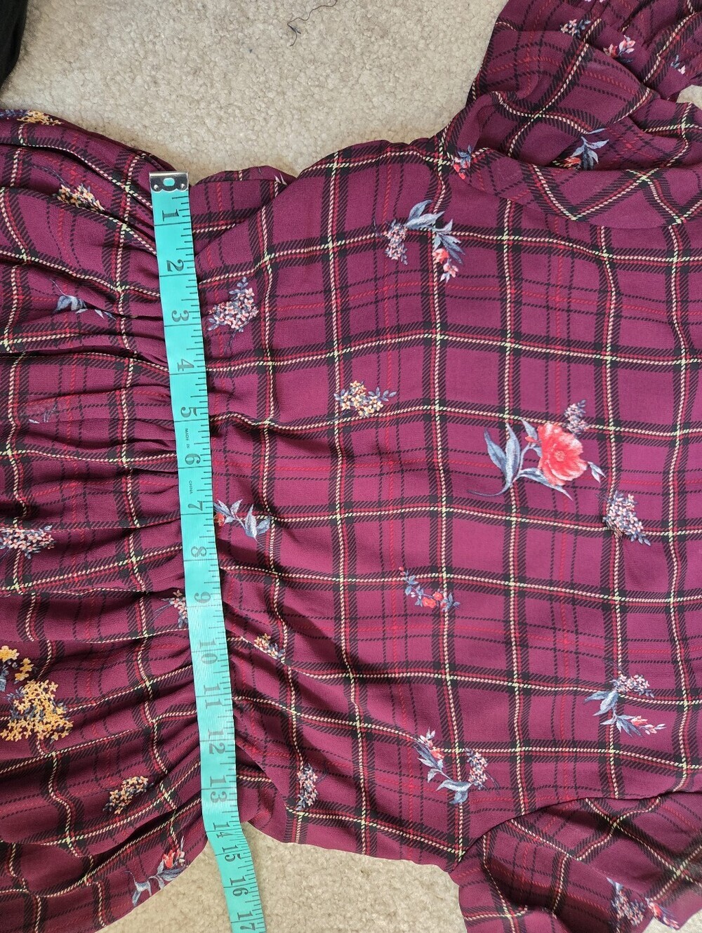 Orange Creek Burgundy Plaid Floral Long Sleeve Midi Dress. Size Small - Picture 14 of 15